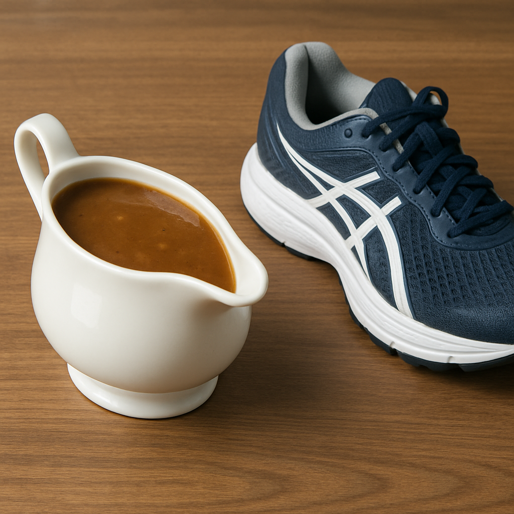 A running shoe and a jug of gravy