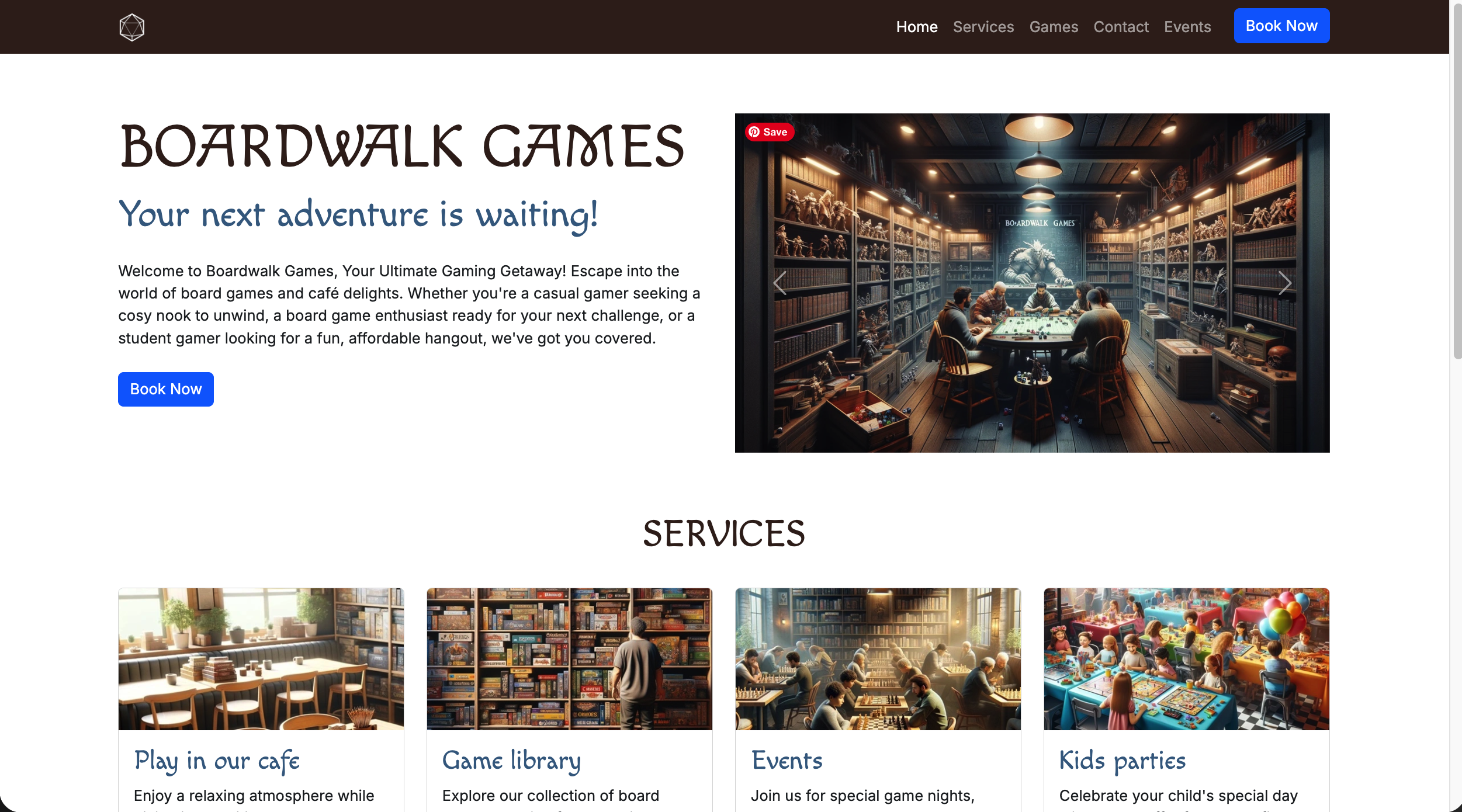 A screenshot a website for a board game venue