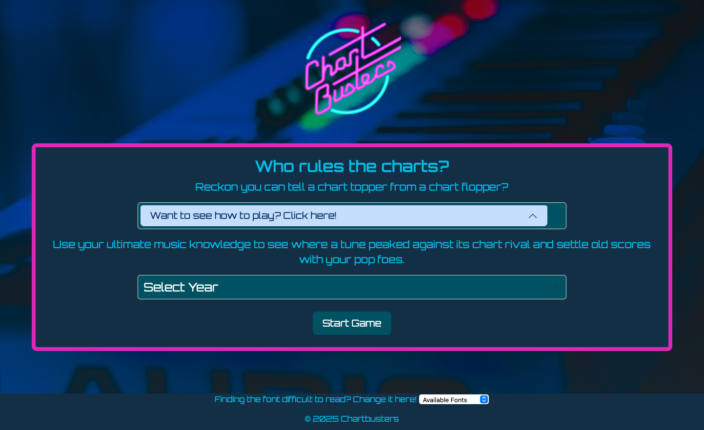 An intro screenshot of a music quiz website with a retro design